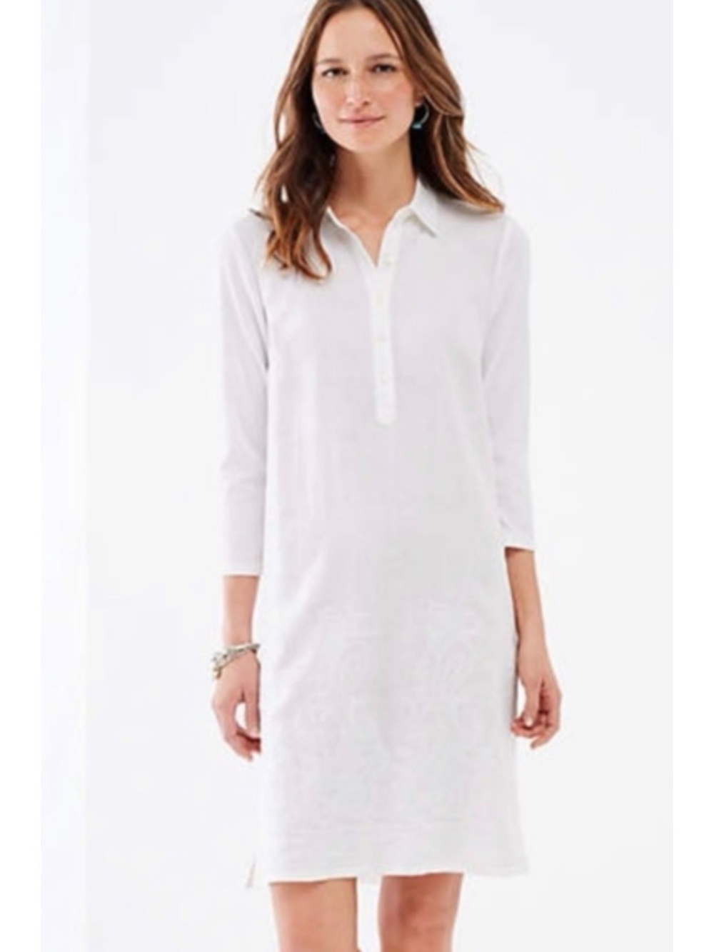 Boho White Linen Embroidered Shirt Dress Paisley Collared 3/4 Sleeve XS J.Jill
